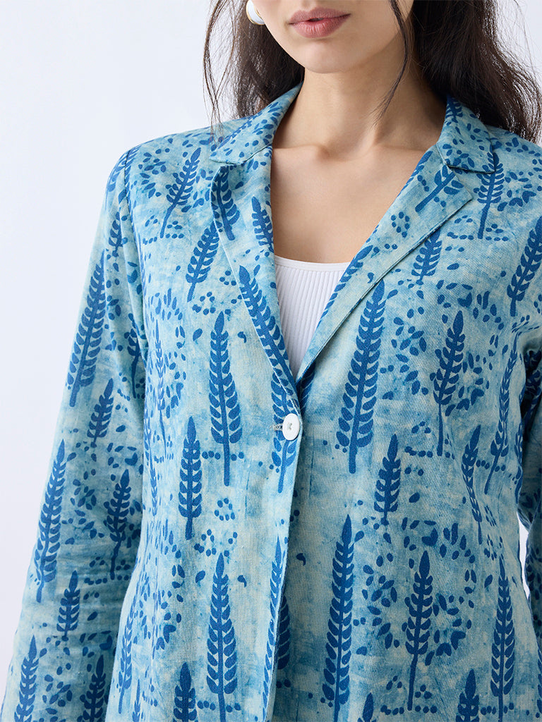 Utsa Blue Botanical Printed Cotton Jacket