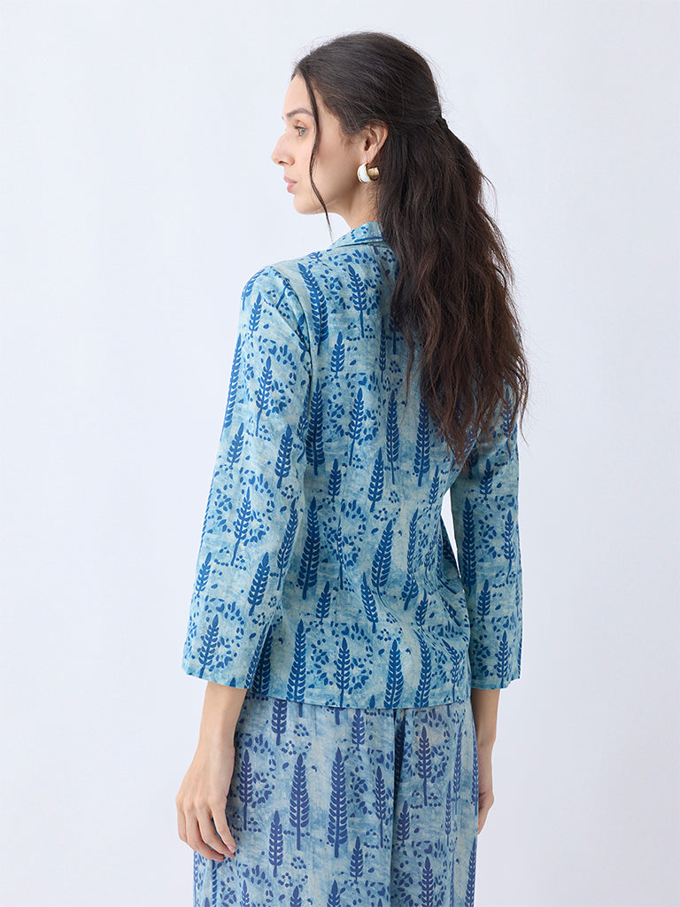 Utsa Blue Botanical Printed Cotton Jacket