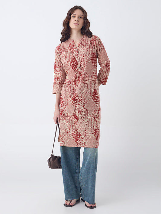 Utsa Rust Printed Cotton Straight Kurta