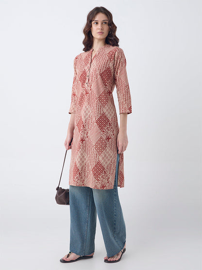 Utsa Rust Printed Cotton Straight Kurta