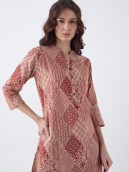 Utsa Rust Printed Cotton Straight Kurta