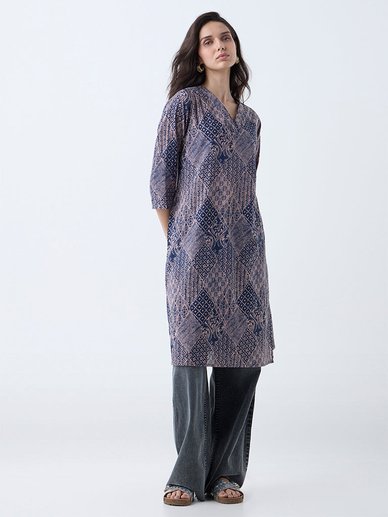 Utsa Indigo Printed Cotton Straight Kurta