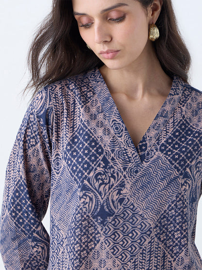 Utsa Indigo Printed Cotton Straight Kurta