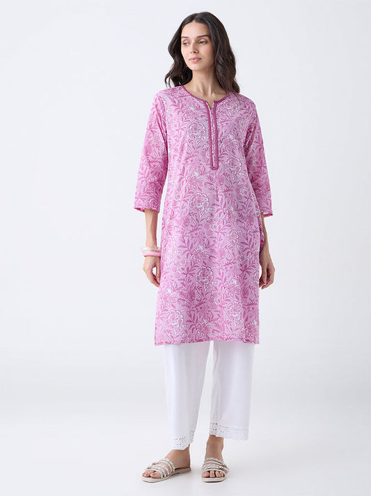 Utsa Purple Floral Pattern Cotton-Blend Straight Kurta