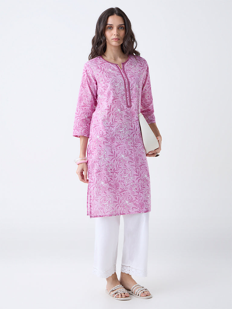 Utsa Purple Floral Pattern Cotton-Blend Straight Kurta