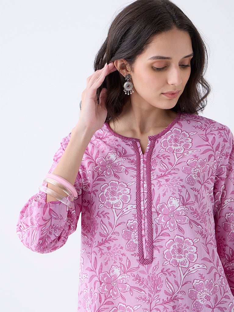 Utsa Purple Floral Pattern Cotton-Blend Straight Kurta