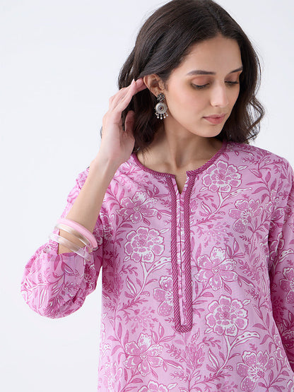 Utsa Purple Floral Pattern Cotton-Blend Straight Kurta
