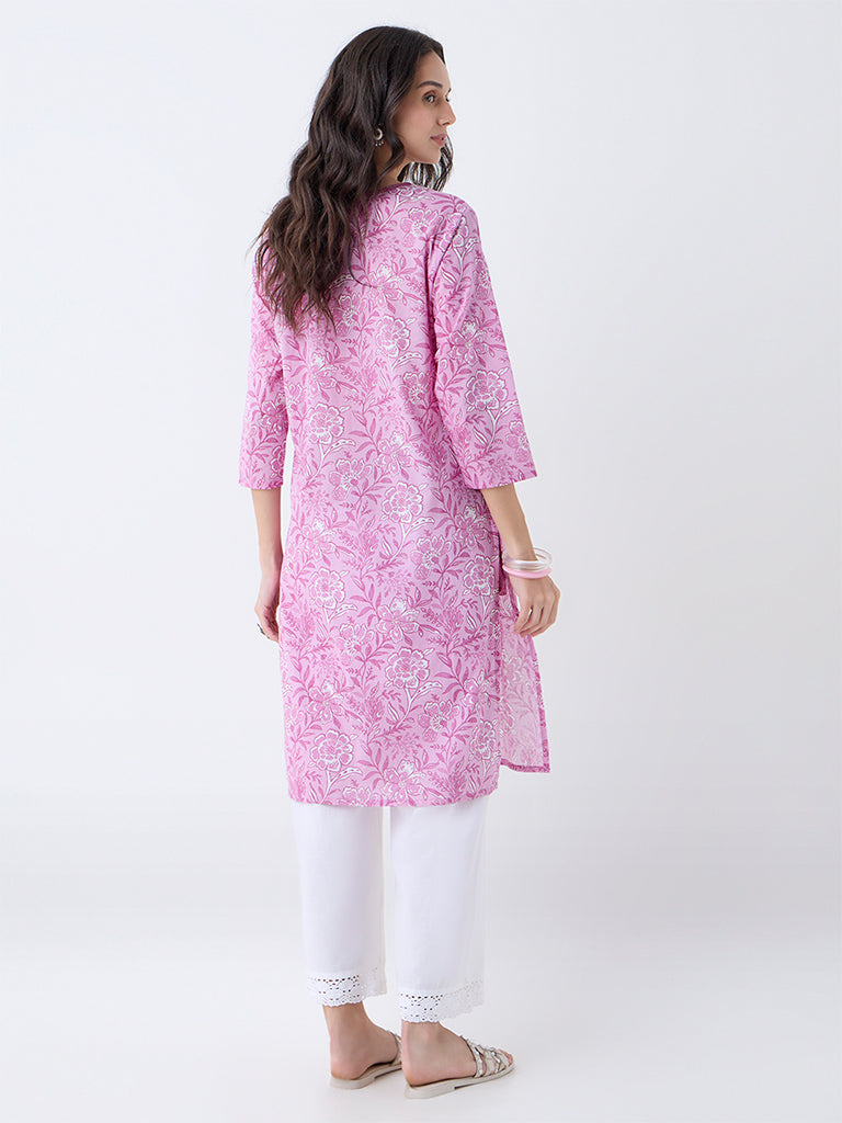 Utsa Purple Floral Pattern Cotton-Blend Straight Kurta