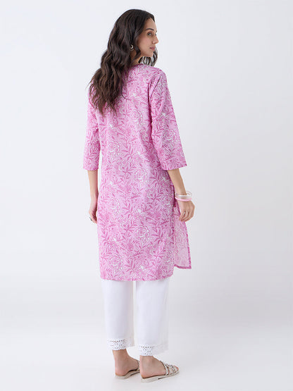 Utsa Purple Floral Pattern Cotton-Blend Straight Kurta