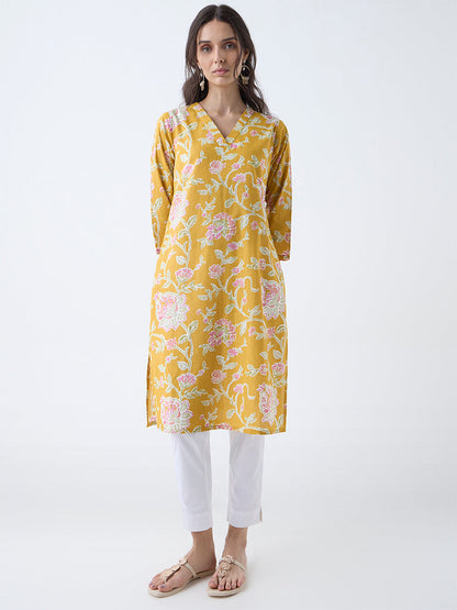 Utsa Mustard Floral Printed Cotton Straight Kurta