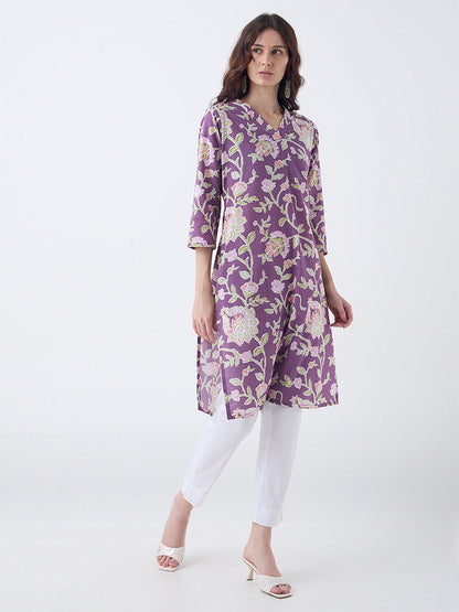 Utsa Purple Floral Pattern Cotton Straight Kurta