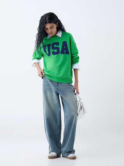 Nuon Green Text Detailed Cotton-Blend Sweatshirt