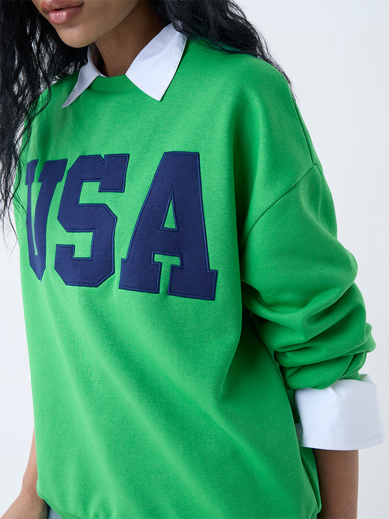 Nuon Green Text Detailed Cotton-Blend Sweatshirt