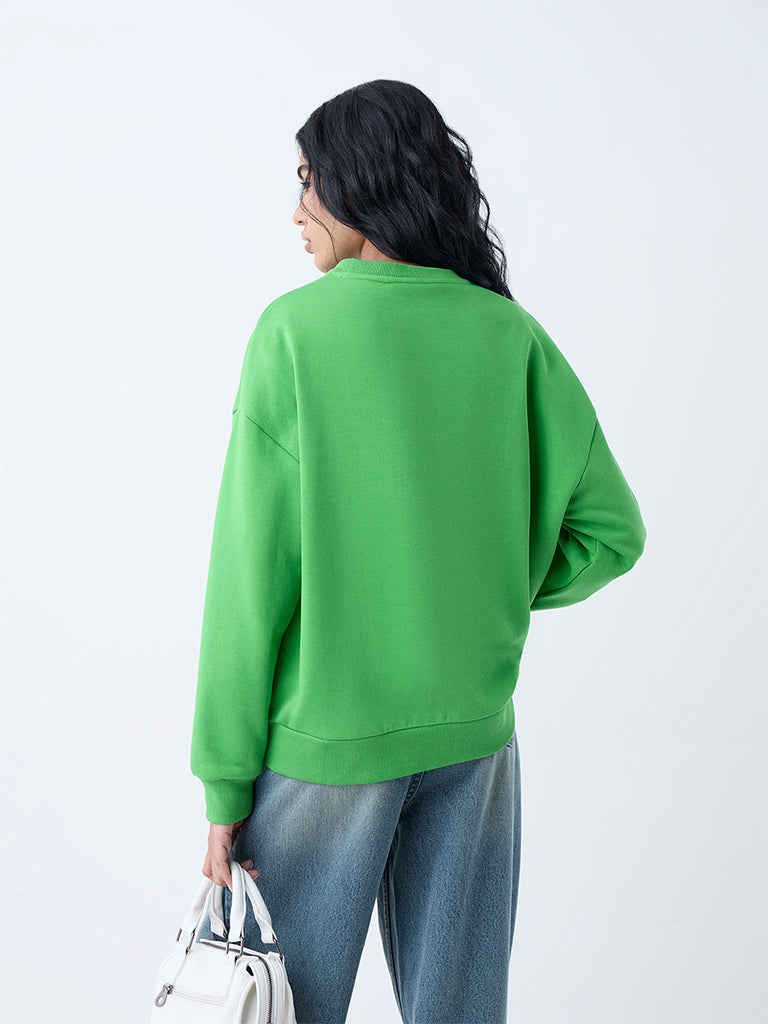 Nuon Green Text Detailed Cotton-Blend Sweatshirt