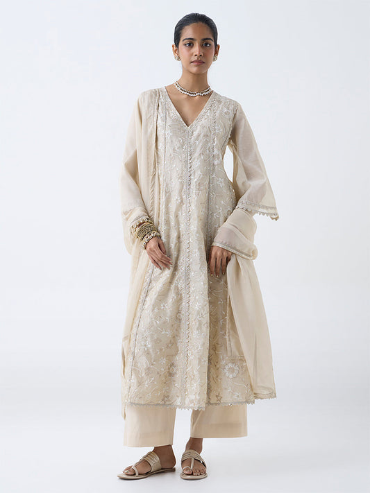 Vark Beige Embroidered Cotton-Blend Anarkali Ethnic Set