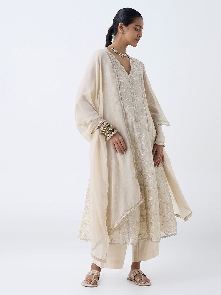 Vark Beige Embroidered Cotton-Blend Anarkali Ethnic Set