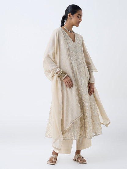 Vark Beige Embroidered Cotton-Blend Anarkali Ethnic Set