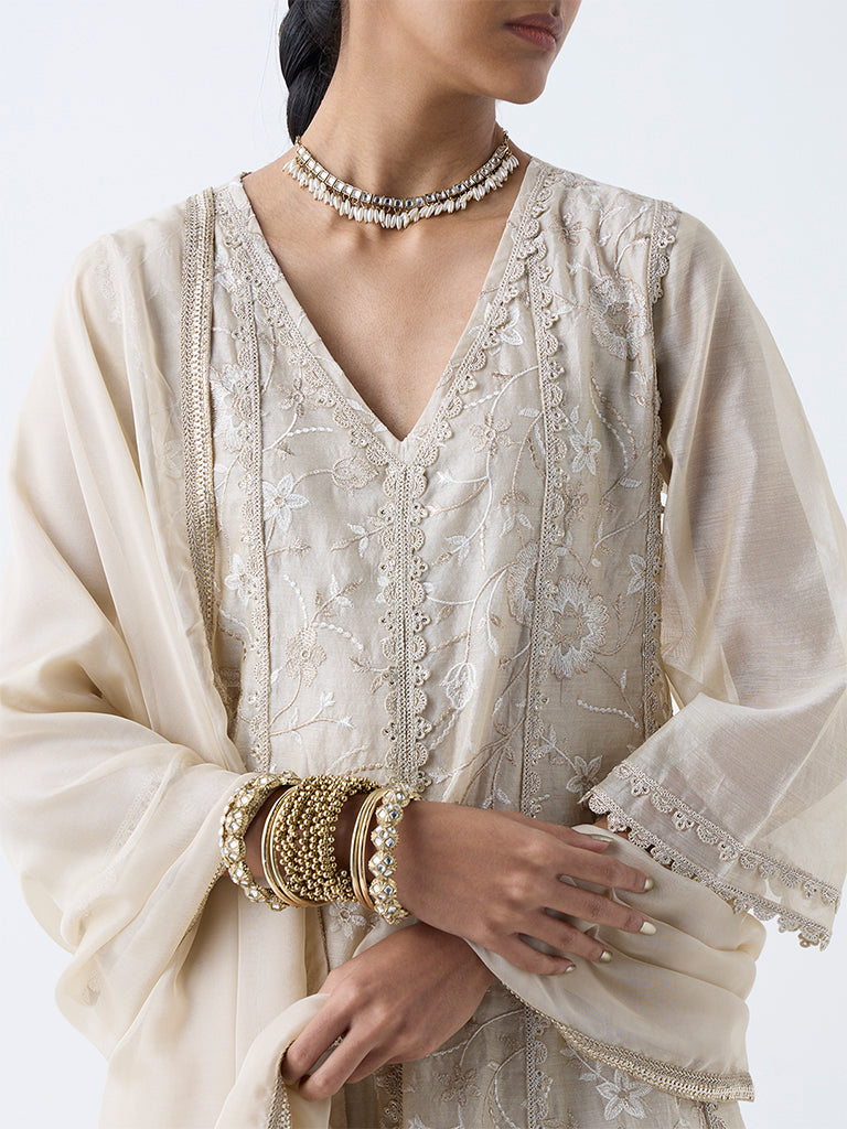 Vark Beige Embroidered Cotton-Blend Anarkali Ethnic Set