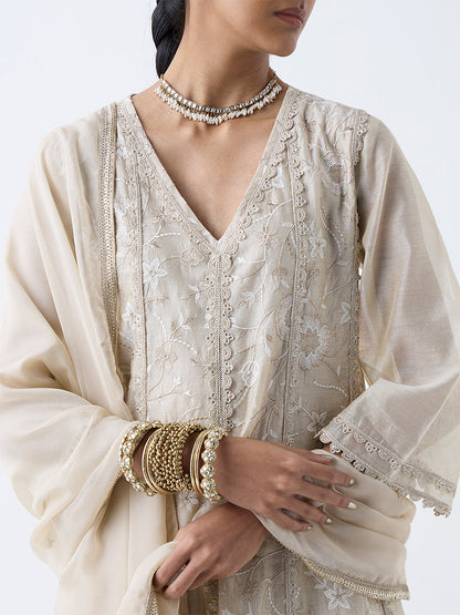 Vark Beige Embroidered Cotton-Blend Anarkali Ethnic Set