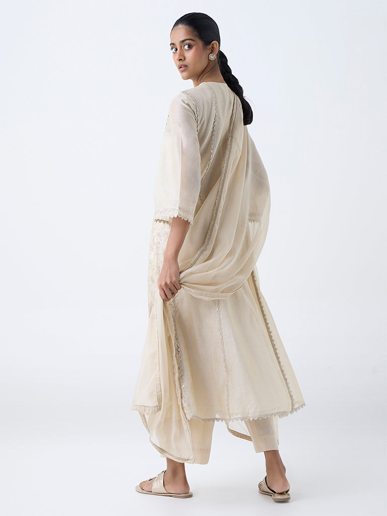 Vark Beige Embroidered Cotton-Blend Anarkali Ethnic Set
