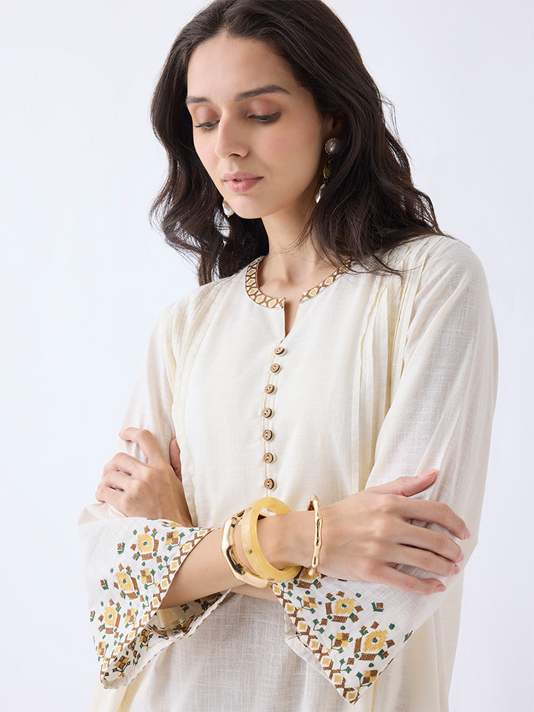 Utsa Light Beige Embroidered Cotton A-Line Kurta