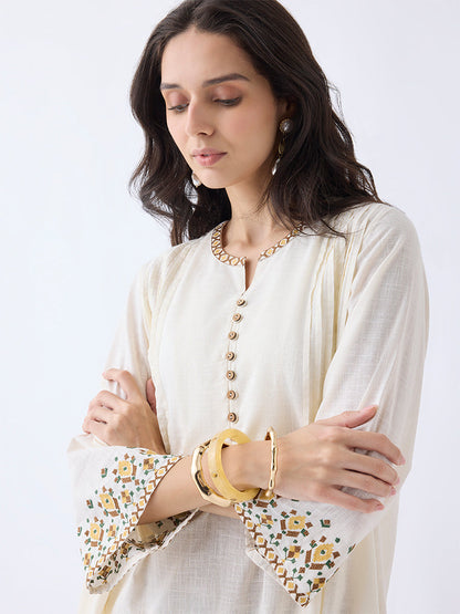 Utsa Light Beige Embroidered Cotton A-Line Kurta
