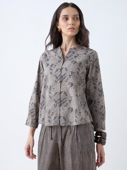 Utsa Charcoal Floral Design Cotton Tunic