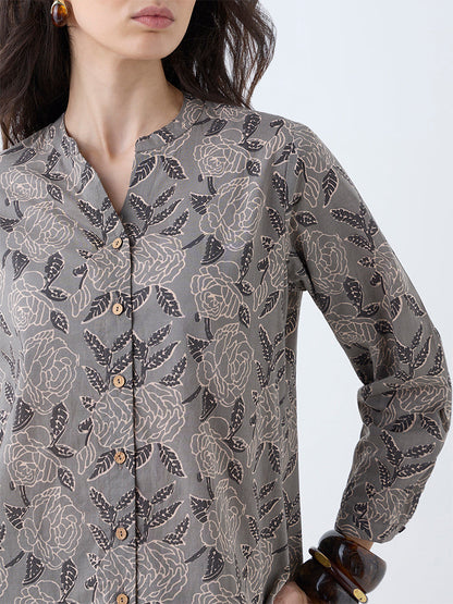 Utsa Charcoal Floral Design Cotton Tunic