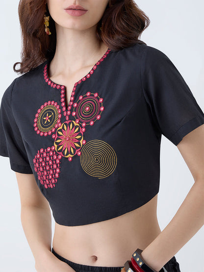 Utsa Black Embroidered Cotton Top