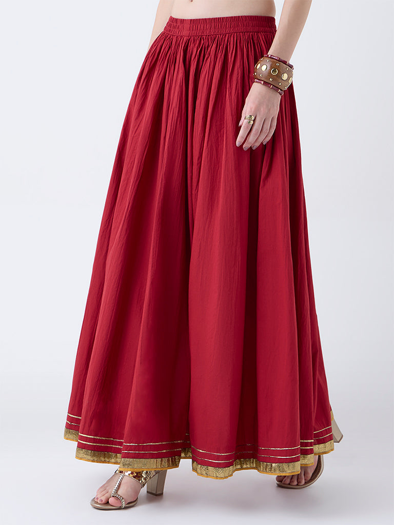 Utsa Red Textured Cotton Maxi Skirt