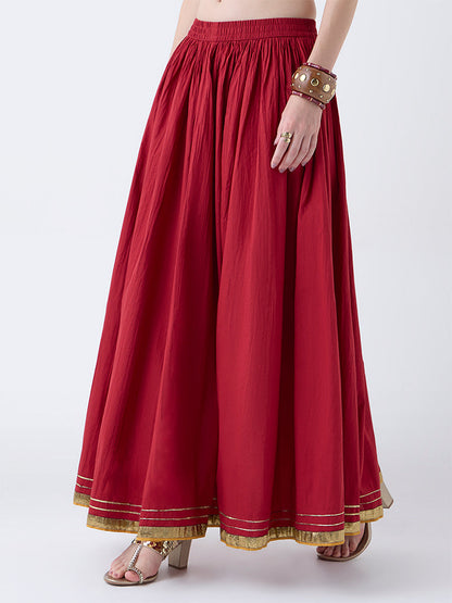 Utsa Red Textured Cotton Maxi Skirt
