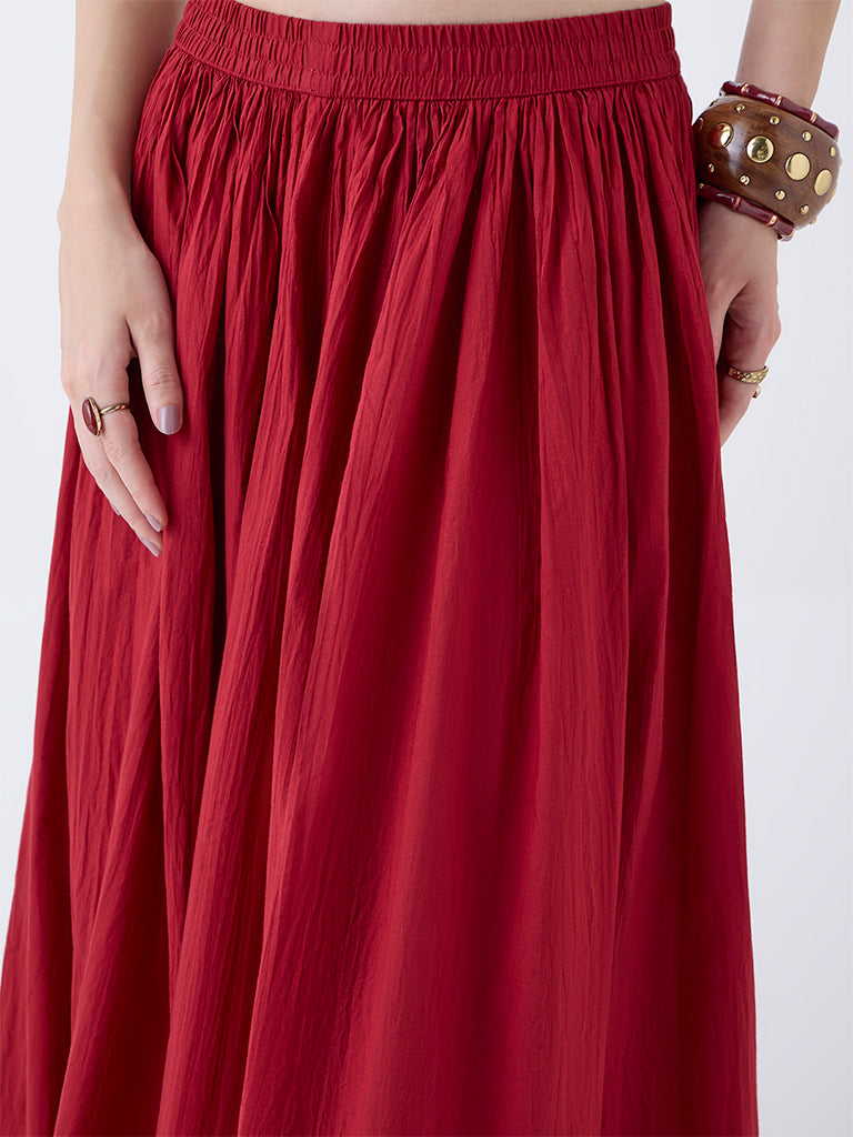 Utsa Red Textured Cotton Maxi Skirt