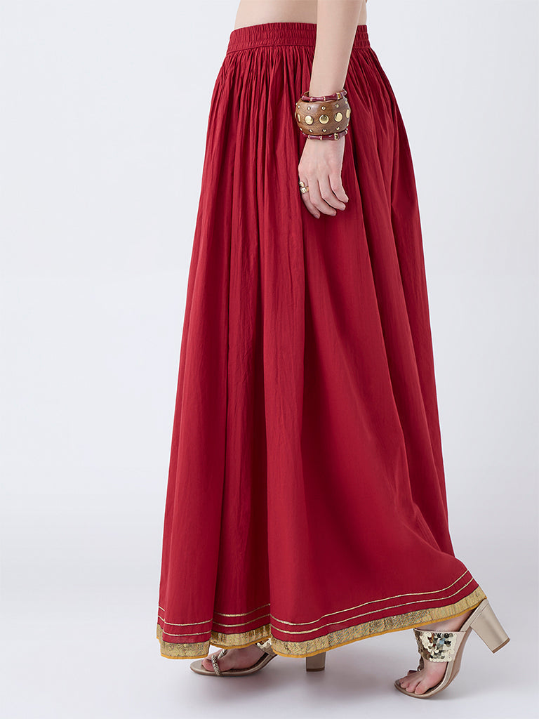 Utsa Red Textured Cotton Maxi Skirt