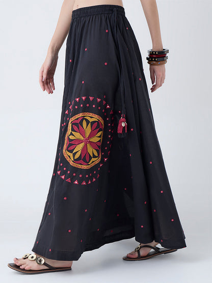 Utsa Black Embroidered Cotton Maxi Skirt