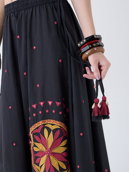 Utsa Black Embroidered Cotton Maxi Skirt