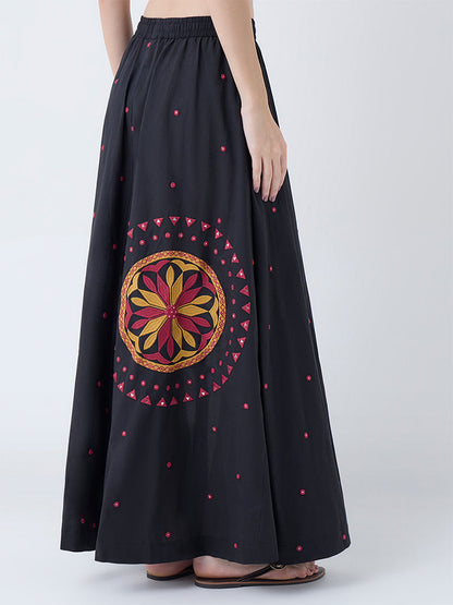 Utsa Black Embroidered Cotton Maxi Skirt