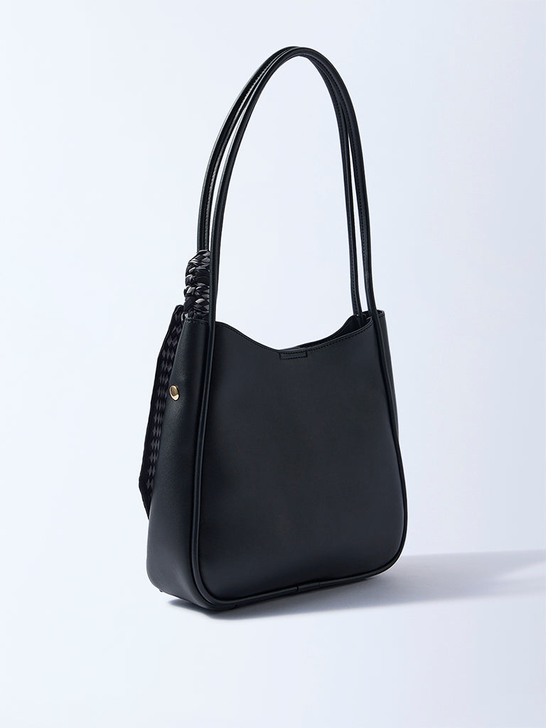 Westside Black Solid Bucket Shoulder Bag with Scarf and Pouch