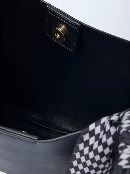 Westside Black Solid Bucket Shoulder Bag with Scarf and Pouch