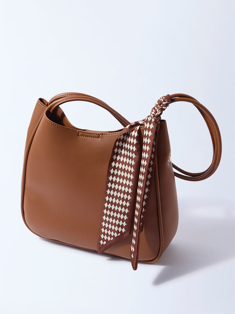 Westside Brown Solid Bucket Shoulder Bag with Scarf and Pouch