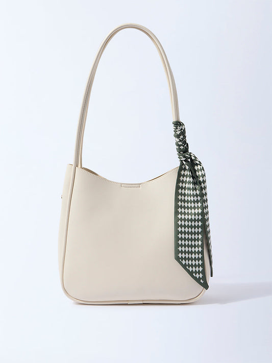 Westside Off-White Solid Bucket Shoulder Bag with Scarf and Pouch
