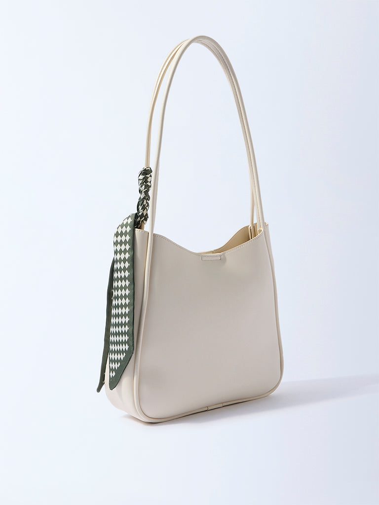 Westside Off-White Solid Bucket Shoulder Bag with Scarf and Pouch