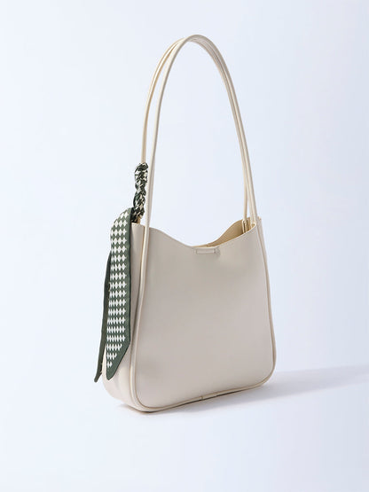 Westside Off-White Solid Bucket Shoulder Bag with Scarf and Pouch