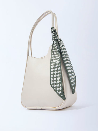 Westside Off-White Solid Bucket Shoulder Bag with Scarf and Pouch