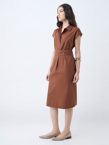 Wardrobe Tan Solid Cotton A-Line Dress with Belt