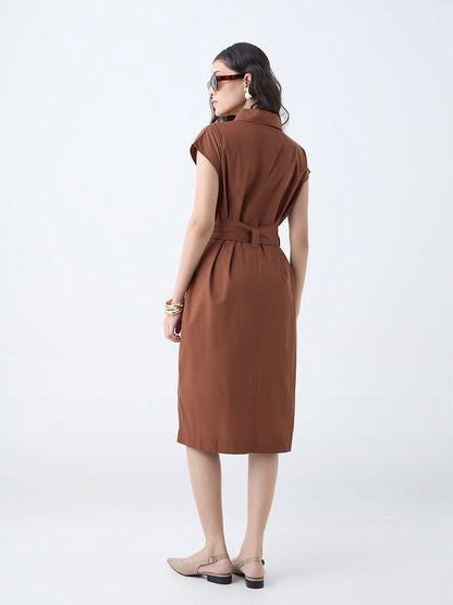 Wardrobe Tan Solid Cotton A-Line Dress with Belt