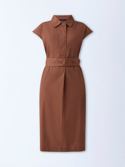 Wardrobe Tan Solid Cotton A-Line Dress with Belt
