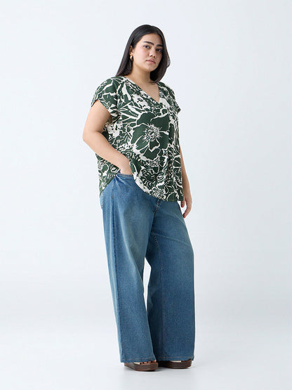 Gia Dark Green Botanical Pattern Top