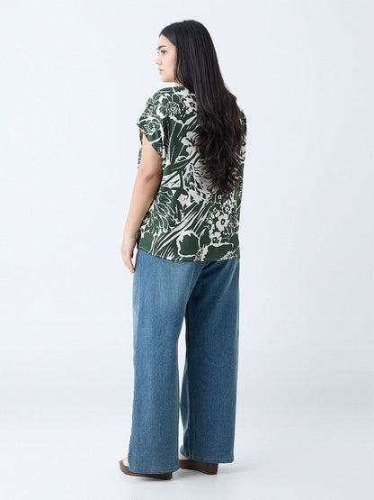 Gia Dark Green Botanical Pattern Top