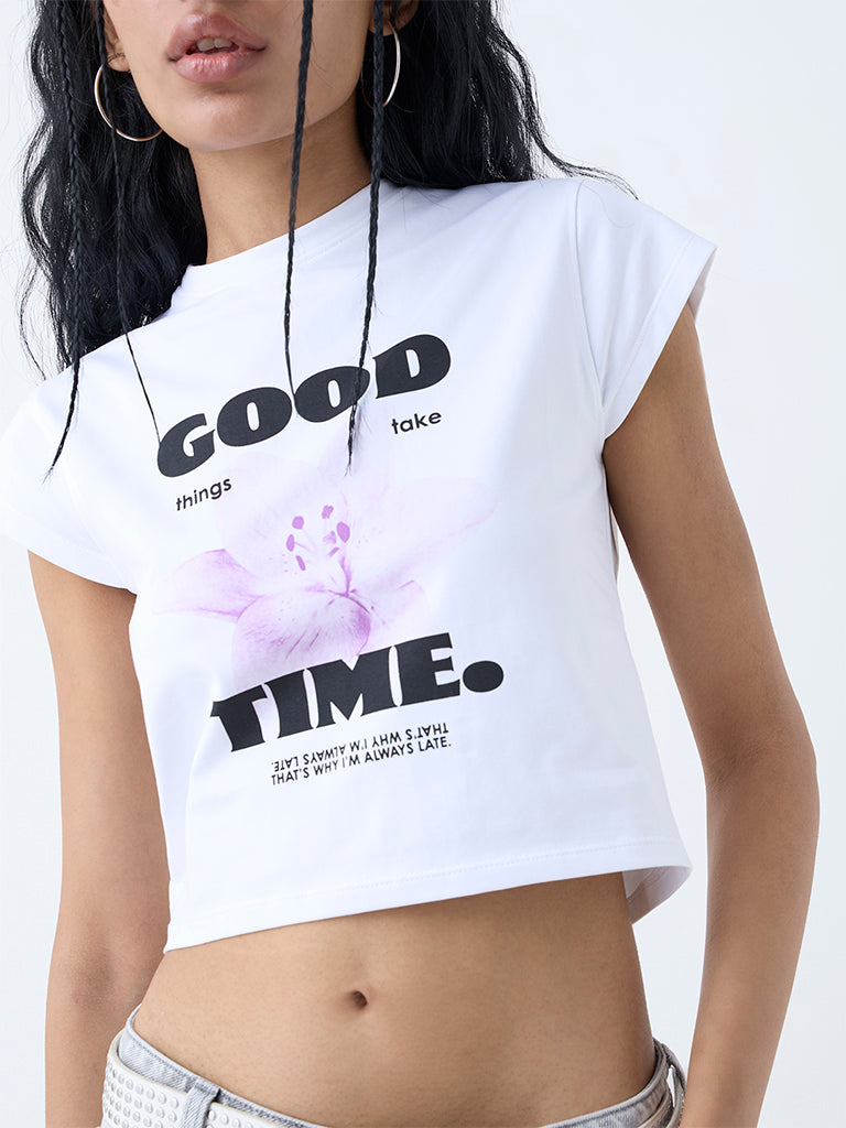 Nuon White Text Printed Cotton-Blend T-Shirt