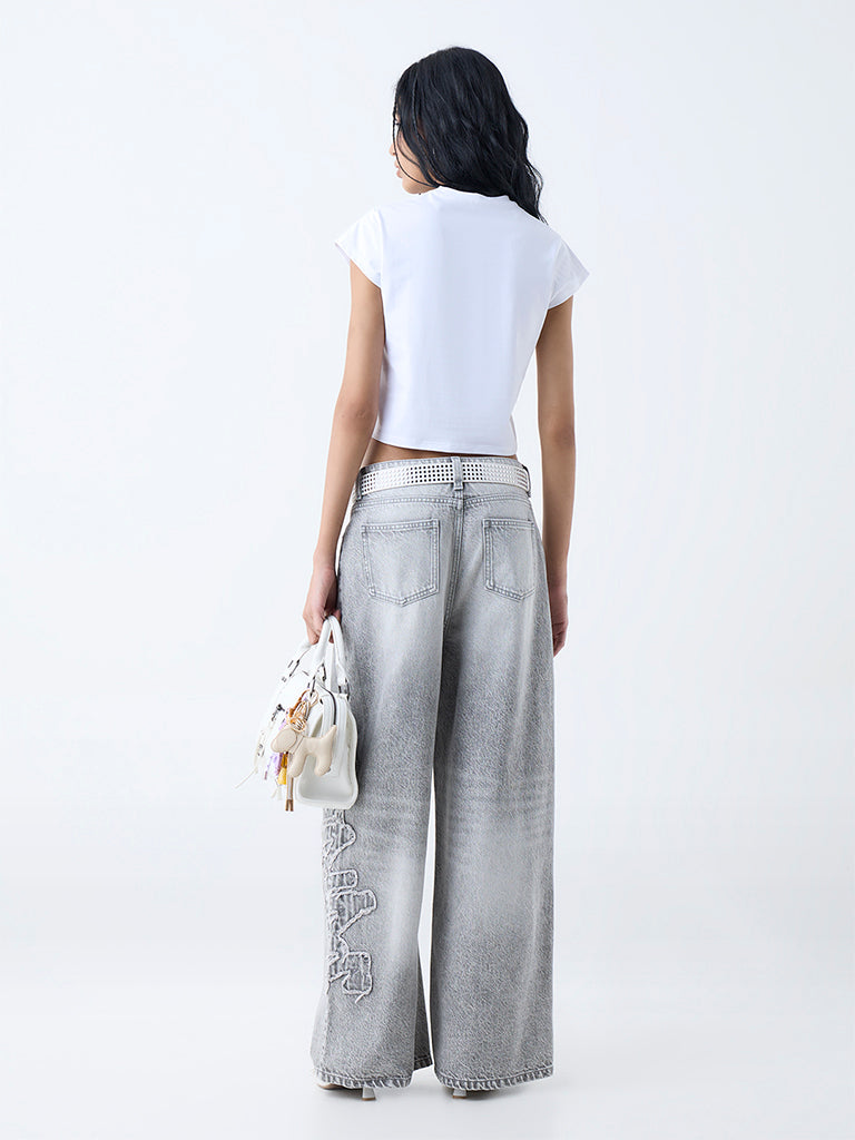 Nuon White Text Printed Cotton-Blend T-Shirt